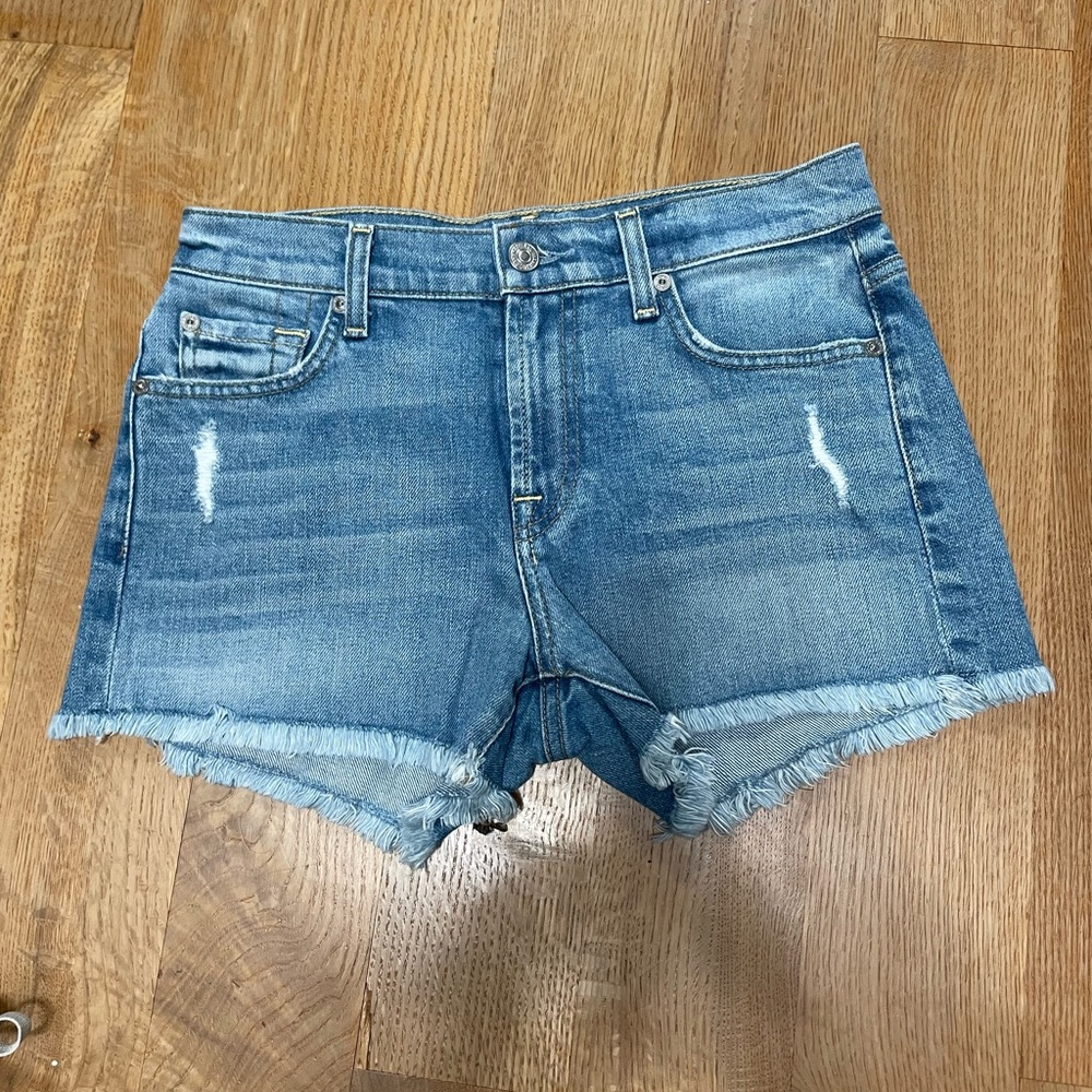 7 For All Mankind Blue Jean Shorts with Distressing and Cut-Off Hem
